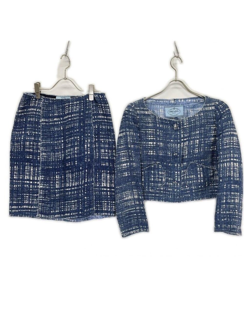 Prada Tweed Collarless Jacket Skirt Set